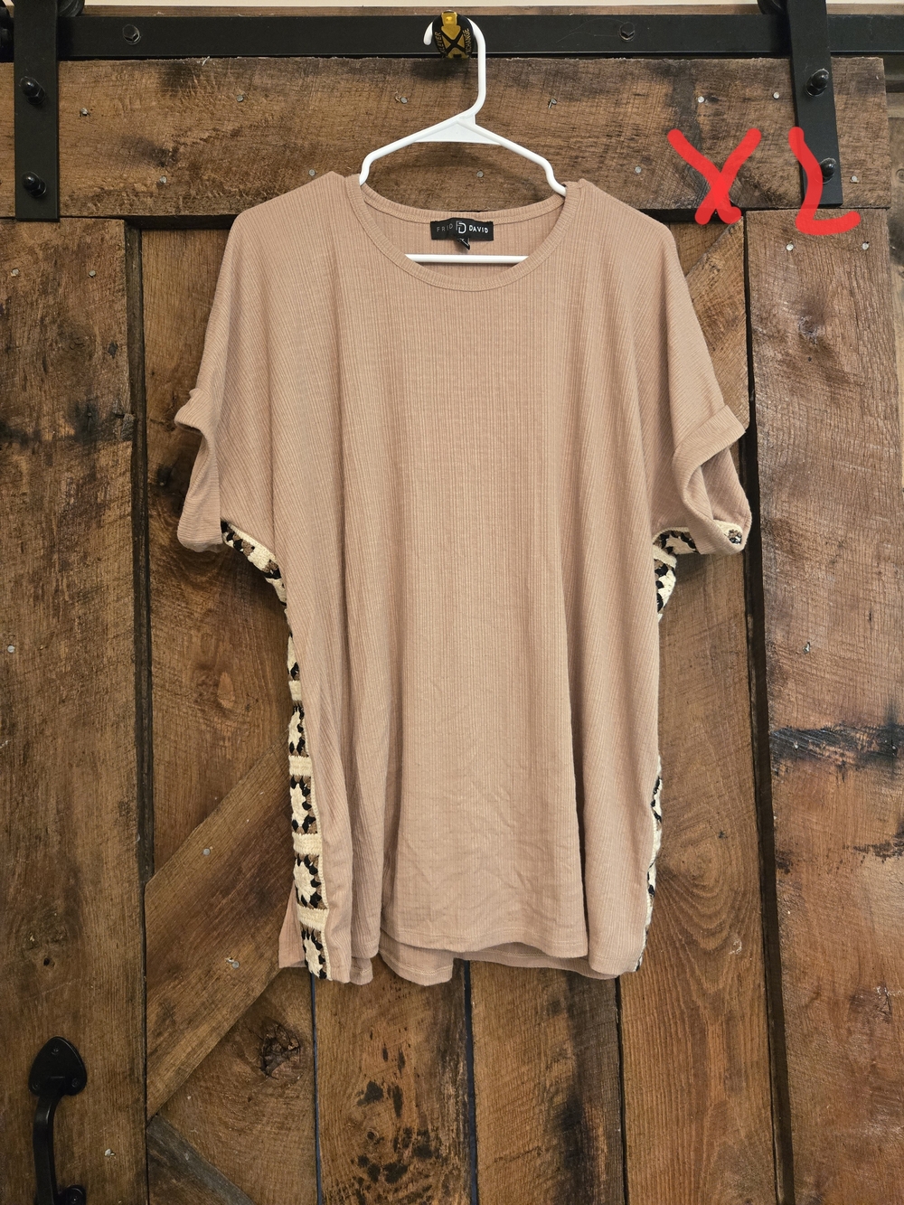 XOXO Taupe Short Sleeve Top with Leopard Side Trim